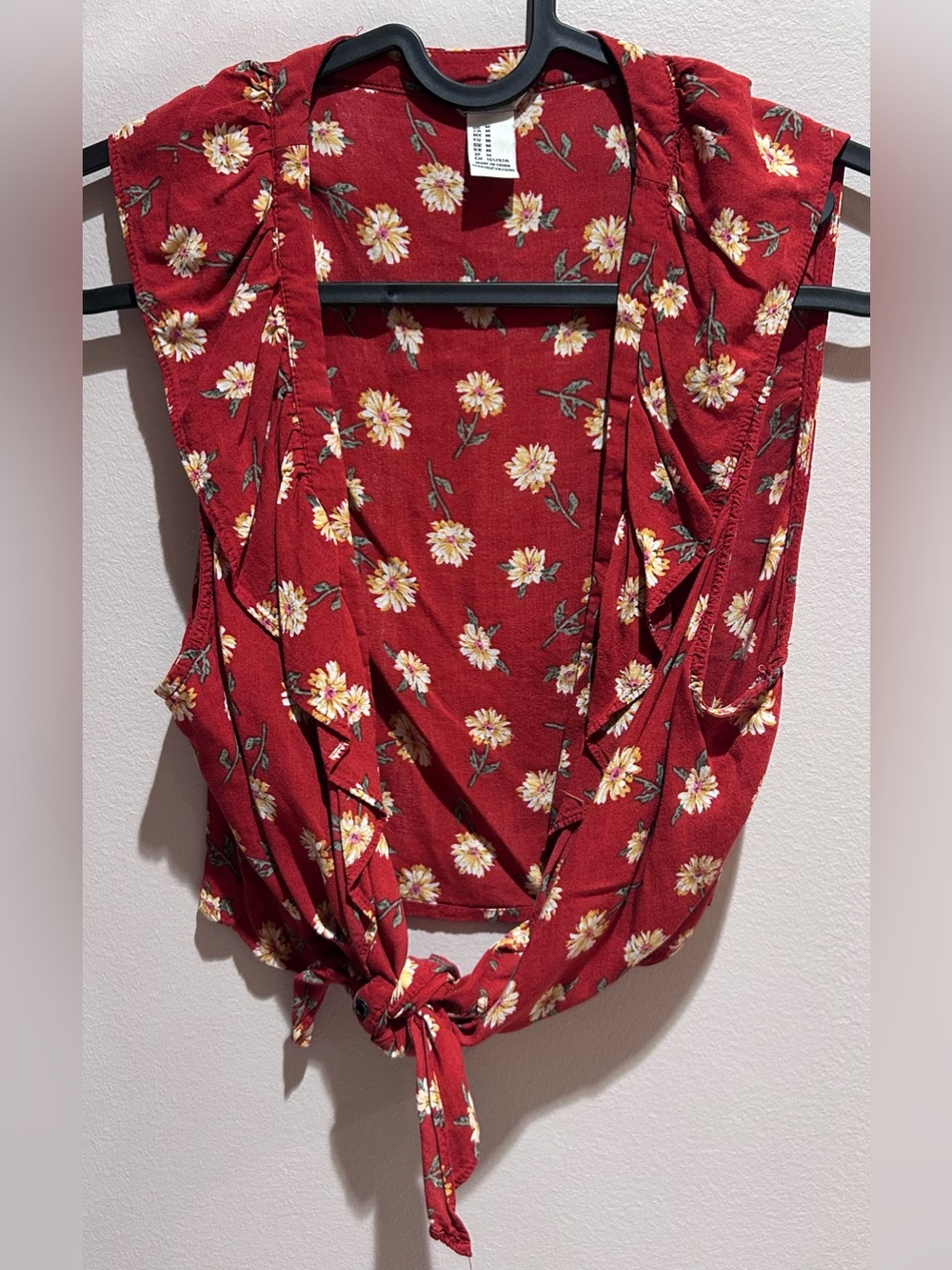 Red Floral Tie-Front Sleeveless Top